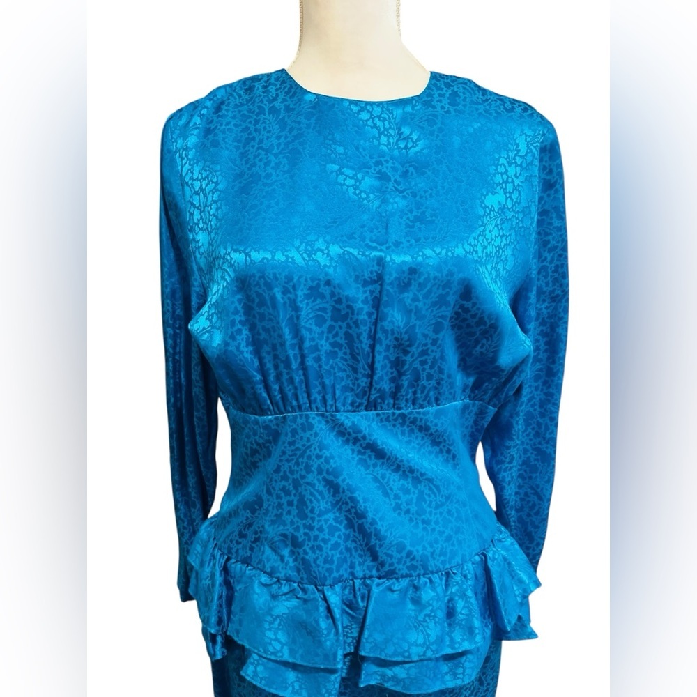 RARE Vintage 80s Courtenay Silk Peplum Dress Deadstock Statement electric Blue - Picture 4 of 7